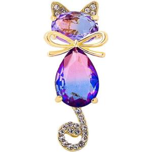imageDainty Rhinestone Cat Animal Brooch Pin for Women Girls Gold Plated Austrian Crystal with Gradient Color Cute Kitten Brooches Lapel Pins Fashion Birthday Christmas Festival Jewelry Gift for DaughterPurple Blue