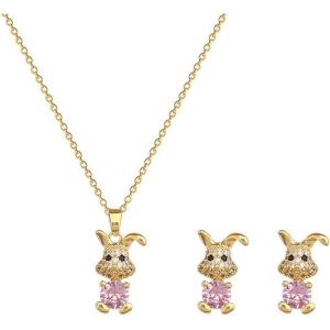 imageDtja Gold Rabbit Stud Earrings Crystal Bunny Animal Pendant Necklace Jewelry Set for Women Stainless Steel Hypoallergenic Dainty Pink CZ Birthstone Adjustable Charm Chain 18quot Birthday Jewelry Gifts