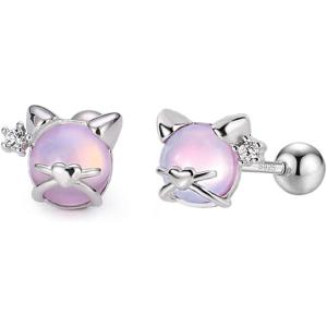 imageLovely Heart Cat Earrings 925 Sterling Silver CZ Tiny Kitten Animal Stud Earrings for Women Hypoallergenic Cute Round Pink Moonstone Cartilage Tragus Ball Back Barbell Ear Helix Conch Rook Piercing Jewelry Gifts
