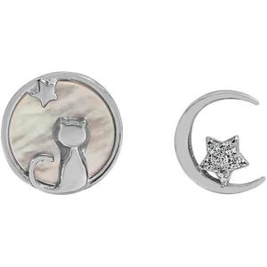 imageTiny Moon Star Cat Stud Earrings for Women Girls 925 Sterling Silver Hypoallergenic Asymmetrical Shell Pearl Crescent Moon Crystal Animal Pet Studs Cartilage Dainty Cute Birthday Jewelry Gifts for DaughterSilver