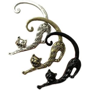 image3 PCS Cat Studs Ear Cuff Earrings Set for Women Girls Silver Gold Black Vintage Punk Animal Tail Post Pin Clip on Earring Personalized Nickel Free Jewelry for Small Left Ear