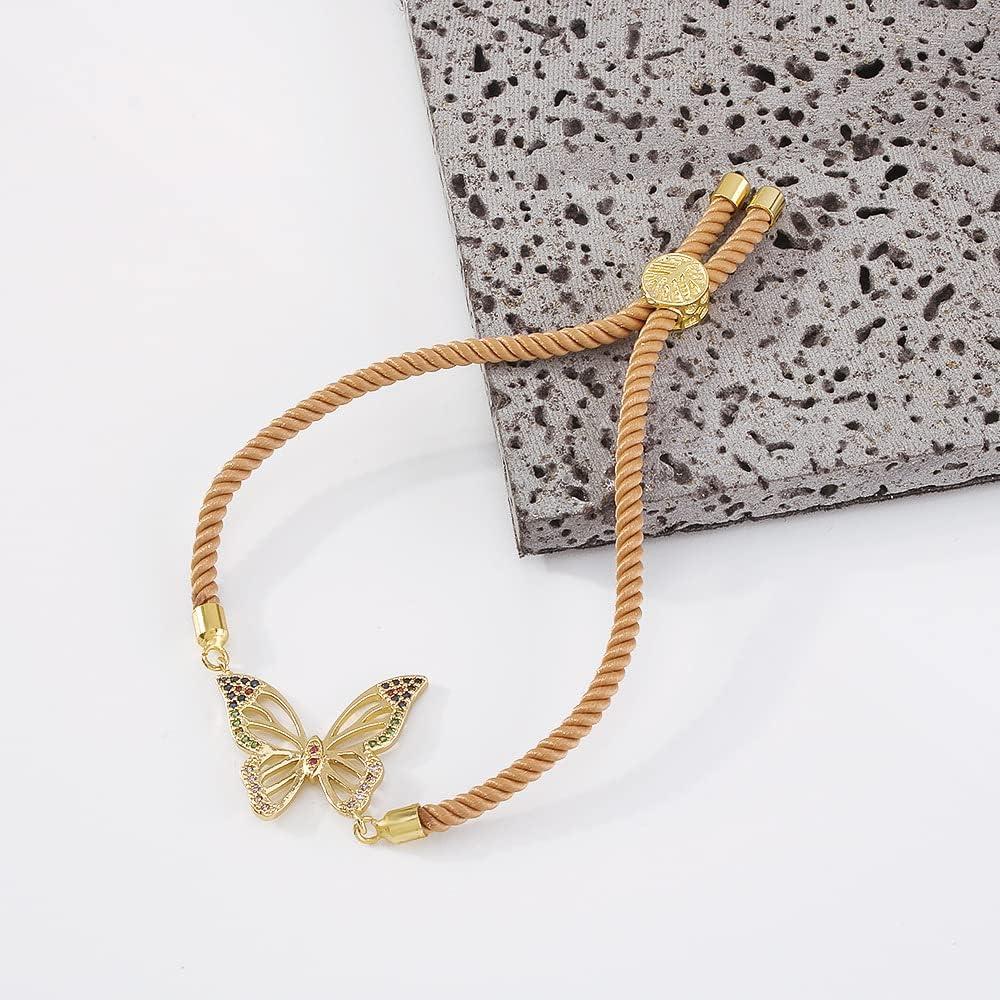 imageBoho Butterfly Bracelet for Women Girls Colored Cubic Zirconia Boho Sturdy Braided String Rope Adjustable Comfortable Lightweight Birthday Holiday Jewelry Dainty Gift for Daughter Mother Sister