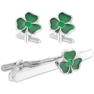 image3 pcs Christmas Cufflinks and Tie Clip Set for Men Santa Claus and Rhinestone Tree Design Silver Metal Holiday Festival Dress Accessories Gifts for Dad BoyfriendShamrock