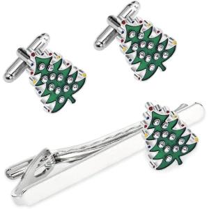 image3 pcs Christmas Cufflinks and Tie Clip Set for Men Santa Claus and Rhinestone Tree Design Silver Metal Holiday Festival Dress Accessories Gifts for Dad BoyfriendXmas Tree
