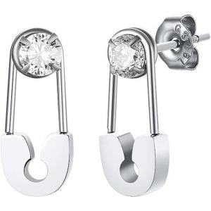 imageStainless Steel Safety Pin Dangle Hoop Small Cubic Zirconia Stud Earrings for Women Girls Men Dainty CZ Geometric Studs Cartilage Tragus Post Hypoallergenic Fashion Personalized Punk Jewelry Silver