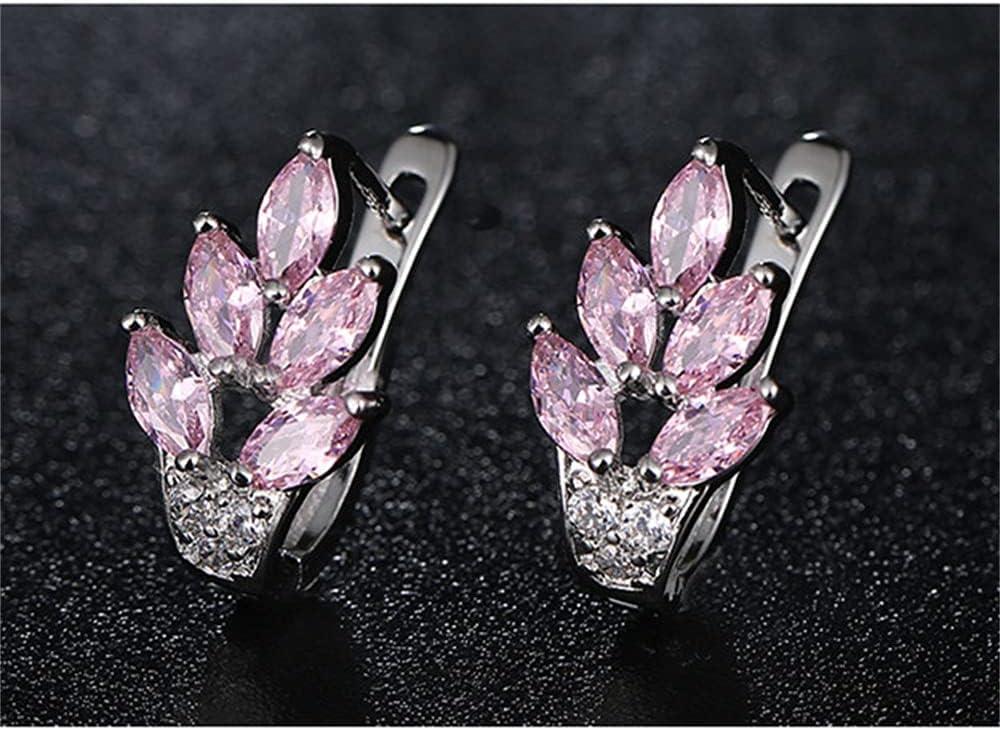 imageCZ Pink Leaf Huggie Hoop Earrings for Women Girls Silver Plated Cubic Zirconia Graceful Cluster Flower Leaves Feather Drop Lever Back ClickTop Piercing Stud Wedding Birthday Party Jewelry