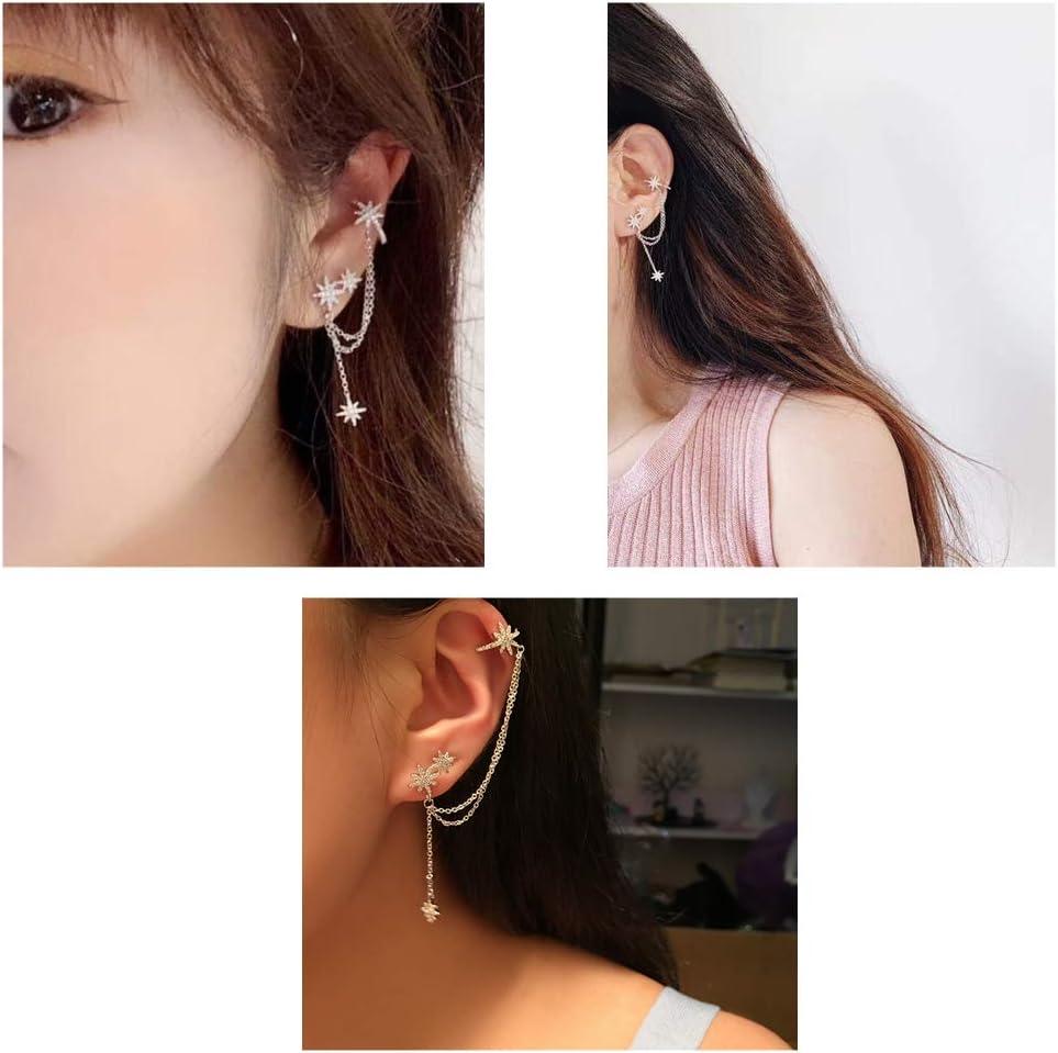 imageCZ Star Ear Cuff Tassel Stud Earring for Women Girls Cubic Zirconia Charms Huggie Star Small Hoop Cartilage Climber Crawler Wrap Dangle Drop Earring Sterling Silver Post Pin Fashion Jewelry One Piece