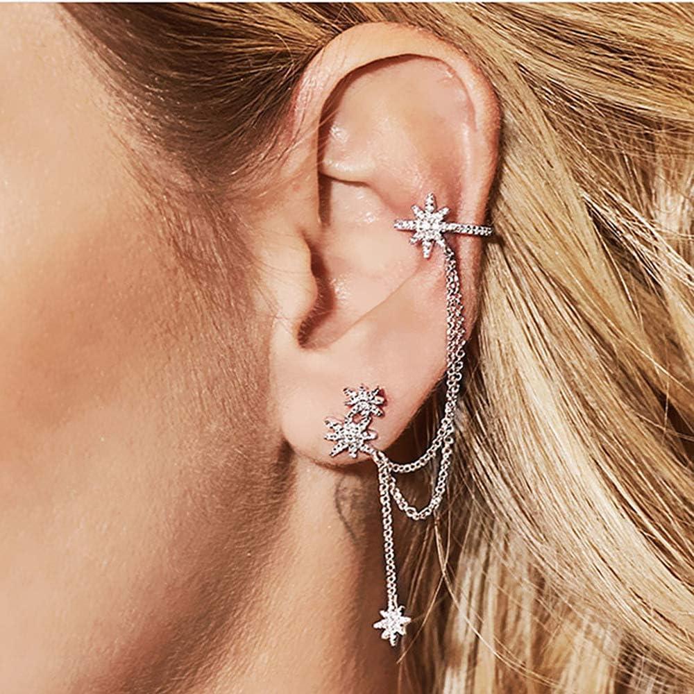 imageCZ Star Ear Cuff Tassel Stud Earring for Women Girls Cubic Zirconia Charms Huggie Star Small Hoop Cartilage Climber Crawler Wrap Dangle Drop Earring Sterling Silver Post Pin Fashion Jewelry One Piece