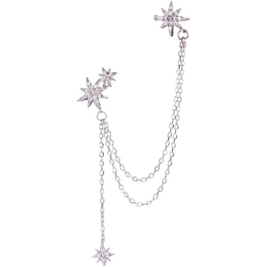 imageS925 Sterling Silver CZ Star Ear Cuff Tassel Stud Earring for Women Girls Cubic Zirconia Charms Huggie Small Hoop Cartilage Climber Crawler Wrap Dangle Drop Post Pin Earring Fashion Jewelry One Piece