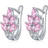 imageCZ Pink Leaf Huggie Hoop Earrings for Women Girls Silver Plated Cubic Zirconia Graceful Cluster Flower Leaves Feather Drop Lever Back ClickTop Piercing Stud Wedding Birthday Party Jewelry