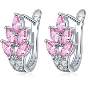 imageCZ Pink Leaf Huggie Hoop Earrings for Women Girls Silver Plated Cubic Zirconia Graceful Cluster Flower Leaves Feather Drop Lever Back ClickTop Piercing Stud Wedding Birthday Party Jewelry