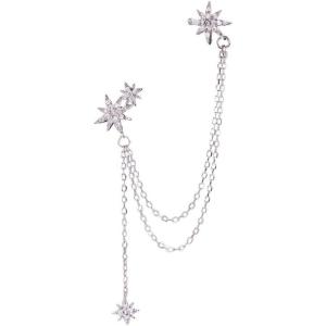 imageS925 Sterling Silver CZ Star Ear Cuff Tassel Stud Earring for Women Girls Cubic Zirconia Charms Huggie Small Hoop Cartilage Climber Crawler Wrap Dangle Drop Post Pin Earring Fashion Jewelry One Piece