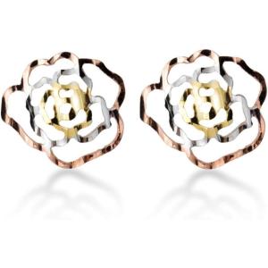imageBoho Filigree Sterling Silver Flower Rose Stud Earrings for Women Girls Pierced Fashion Dainty Antique 3 Toned Blossom Tragus Post Earring Hypoallergenic Wedding Birthday Valentine Days Gifts 11mm