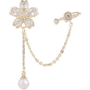 image:imageCZ Flower Cuff Earring Chain Shell Pearl Drop Dangle 925 Sterling Silver Piercing Post for Women Girls Small Cartilage Crawler Climber Stud Fashion Dainty Cubic Zirconia Jewelry 1 PC Gold Plated
