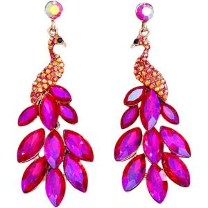 image:imageVintage Peacock Dangle Earrings for Women 14K Gold Plated Green Crystal Feather Peafowl Statement Drop Dangling Stud Earring Boho Exaggerated Birthday Holiday Jewelry GiftsFuchsia