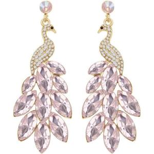 image:imageVintage Peacock Dangle Earrings for Women 14K Gold Plated Green Crystal Feather Peafowl Statement Drop Dangling Stud Earring Boho Exaggerated Birthday Holiday Jewelry GiftsLight Pink