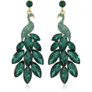 image:imageVintage Peacock Dangle Earrings for Women 14K Gold Plated Green Crystal Feather Peafowl Statement Drop Dangling Stud Earring Boho Exaggerated Birthday Holiday Jewelry GiftsGreen