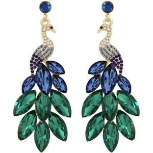 image:imageVintage Peacock Dangle Earrings for Women 14K Gold Plated Green Crystal Feather Peafowl Statement Drop Dangling Stud Earring Boho Exaggerated Birthday Holiday Jewelry GiftsBlue Green