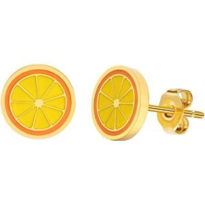 image:image18g Gold Plated Flower Leaf Fruit Stud Earrings for Women Stainless Steel Hypoallergenic Small Cartilage Studs Earring Dainty Cute Accessories Jewelry Gifts for Birthday HolidayOrange