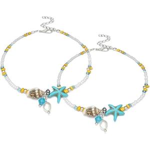 image:image2 PCS Cute Starfish Conch Shell Anklet Set for Women Girls Faux Pearl Beaded Colorful Seeds Charm Foot Chain Bracelet Adjustable Nickel Free Birthday Seabeach Vacation Jewelry