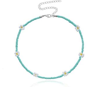 image:imageDtja Boho Bead Flower Necklace for Women Girls Bohemian Colorful Ball Bead Seed Handmade Adjustable Choker Chain Layered Bracelet Anklet Beachy Y2K Necklaces Gift Green