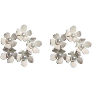 image:imageDelicate Flower Wreath Earrings for Women Girls 925 Sterling Silver Post Baking Enameled Faux Pearl Small Daisy Studs Earring Elegant Wedding Birthday Party Retro Y2K Jewelry Gifts White