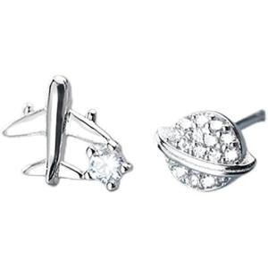 image:imageCute CZ Airplane Planet Earrings for Women Girls 925 Sterling Silver Hypoallergenic Asymmetric Small Studs Cartilage Tragus Post Pin Piercing Ear Dainty Airline Flight Jewelry Birthday Holiday