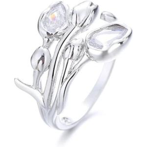 image:imageCZ Tulip Flower Statemeng Ring for Women Girls Silvery Sideways Flowers Adjustable Open Wide Wrap Finger Rings Comfort Fit Elegant Wedding Engagement Birthday Anniversary Jewelry Gift