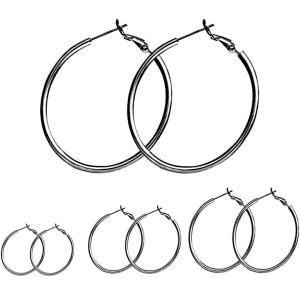 image:image4 Pairs Minimalist Big Hoop Earrings Set for Women Girls Stainless Steel Hypoallergenic Geometric Big Large Huggie Hoops Dangle Loop Earring Fashion Punk Jewelry Sensitive Ears 3456mm Black