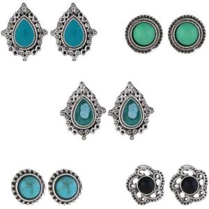 image:image5 Pairs Boho Small Stud Earrings Set for Women Girls Vintage Imitation Turquoise Blue Teardrop Flower Studs Cartilage Tragus Post Trendy Dainty Bohemian Jewelry Birthday Party Gifts Best Friend