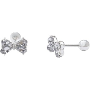 image:image18g Crystal Bowknot Stud Earrings for Women 925 Sterling Silver Post Pin Cute Butterfly Bow 4mm Ball Back Cartilage Tragus Screw Post Dainty Birthday Wedding JewelryClear CZ