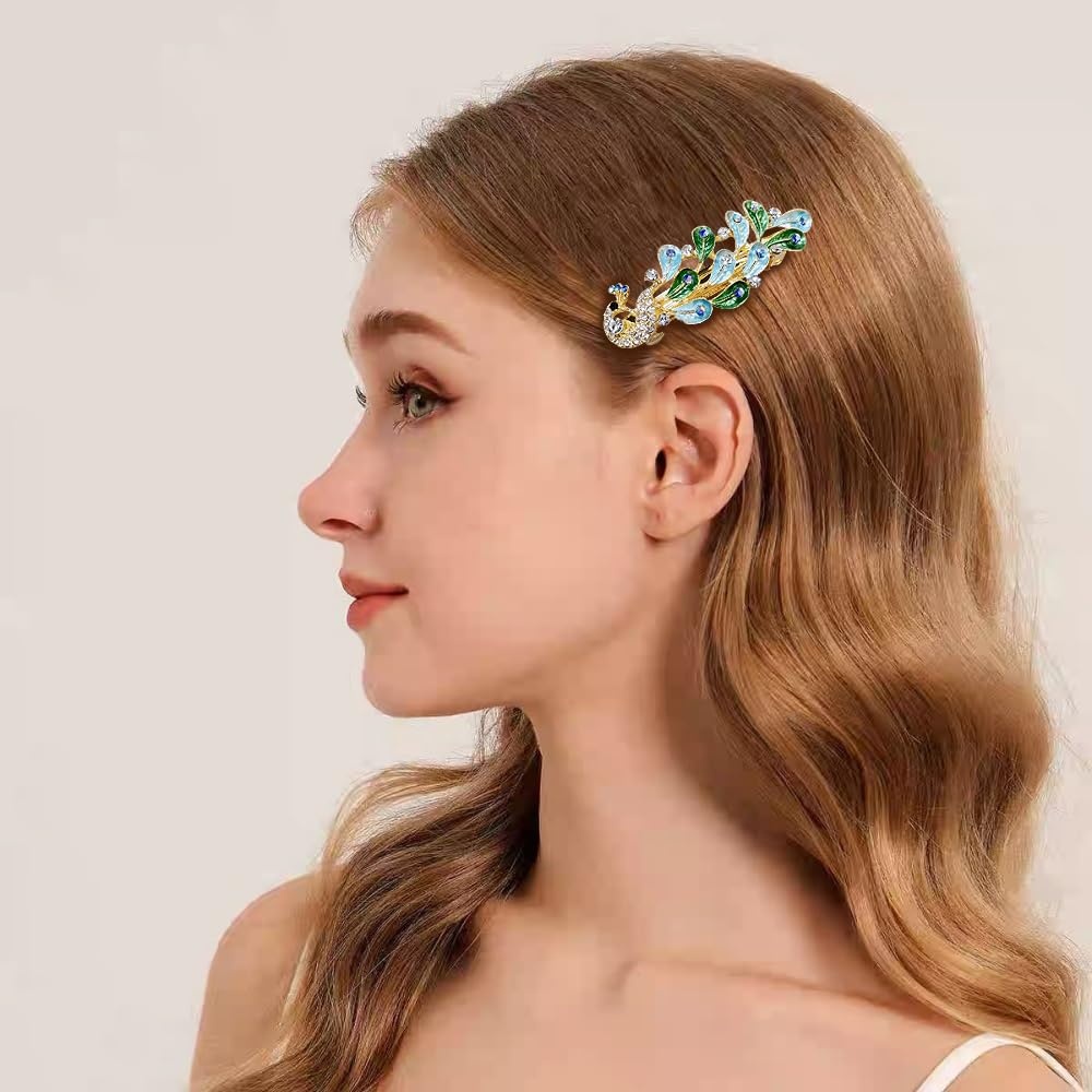 image:imageRhinestone Peacock Hair Barrette for Women Gold Tone AB Crystal Colored Bird Feather Hair Clip Hair Clamp for Halfup Style Hair Accessories Decorative Spring Clip for Birthday Wedding Prom RedBlue