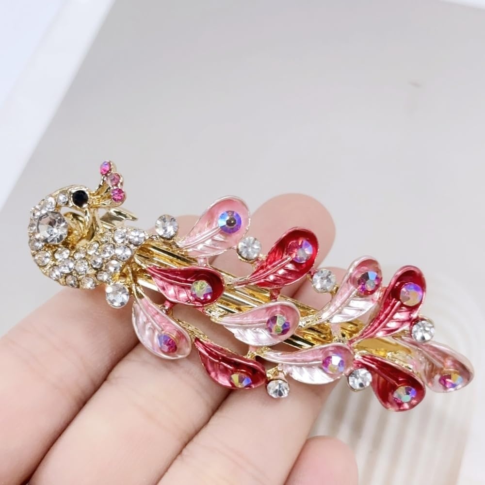 image:imageRhinestone Peacock Hair Barrette for Women Gold Tone AB Crystal Colored Bird Feather Hair Clip Hair Clamp for Halfup Style Hair Accessories Decorative Spring Clip for Birthday Wedding Prom RedRed
