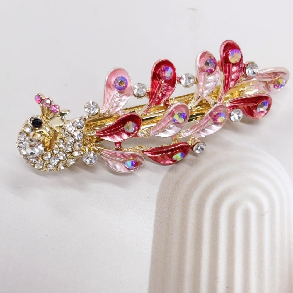image:imageRhinestone Peacock Hair Barrette for Women Gold Tone AB Crystal Colored Bird Feather Hair Clip Hair Clamp for Halfup Style Hair Accessories Decorative Spring Clip for Birthday Wedding Prom RedRed