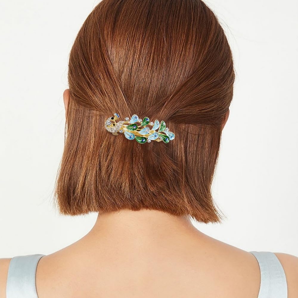 image:imageRhinestone Peacock Hair Barrette for Women Gold Tone AB Crystal Colored Bird Feather Hair Clip Hair Clamp for Halfup Style Hair Accessories Decorative Spring Clip for Birthday Wedding Prom RedBlue
