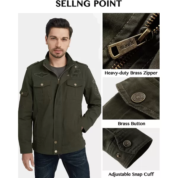 WenVen Mens Casual Canvas Cotton Jacket Warm Winter Coat Lightweight Military Utility JacketArmy Green