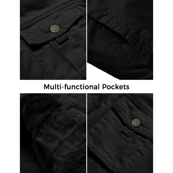 WenVen Mens Winter Casual Cotton Coat Thicken Fleece Lined Military JacketBlack