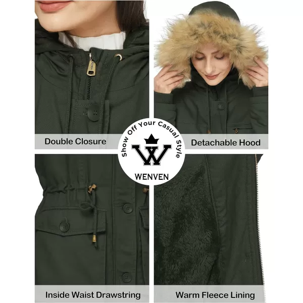 WenVen Womens Winter Thicken Fleece Jacket Fur Hooded Military Parka CoatArmy Green