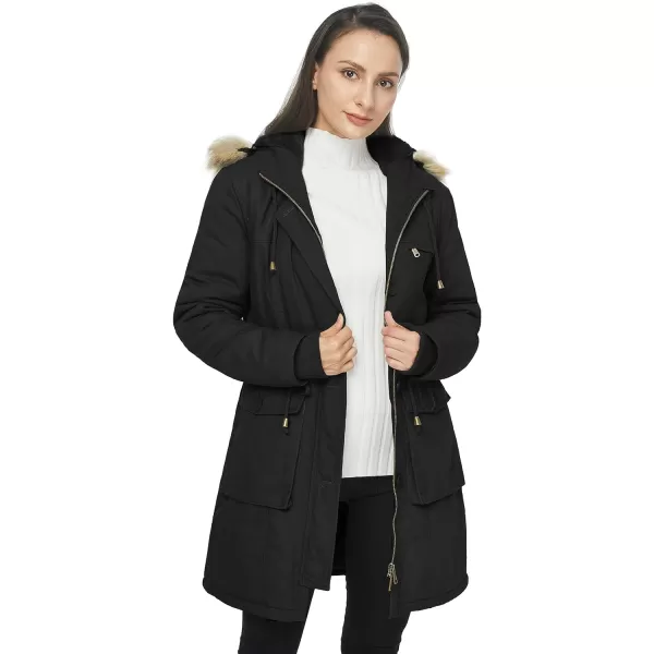 WenVen Womens Winter Thicken Fleece Jacket Fur Hooded Military Parka CoatBlack