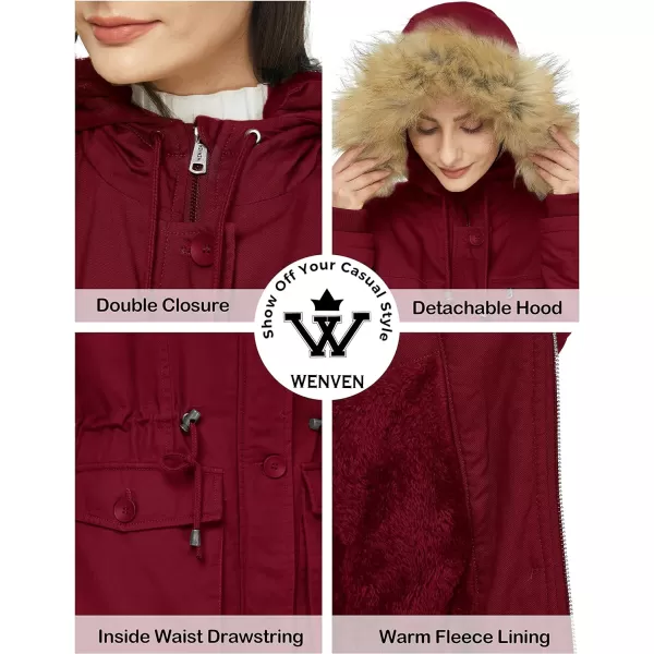 WenVen Womens Winter Thicken Fleece Jacket Fur Hooded Military Parka CoatRed