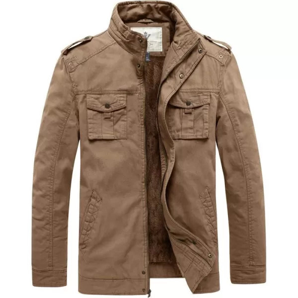 WenVen Mens Winter Casual Cotton Coat Thicken Fleece Lined Military JacketKhaki