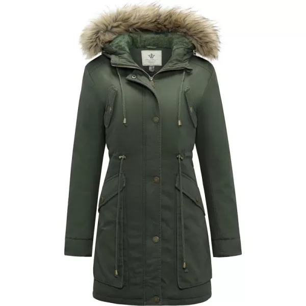 WenVen Womens Winter Thicken Fleece Jacket Fur Hooded Military Parka CoatMilitary Green