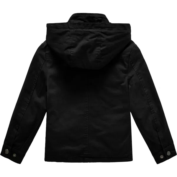 WenVen Boys Lightweight Casual Cotton Military Jacket Outerwear with HoodBlack