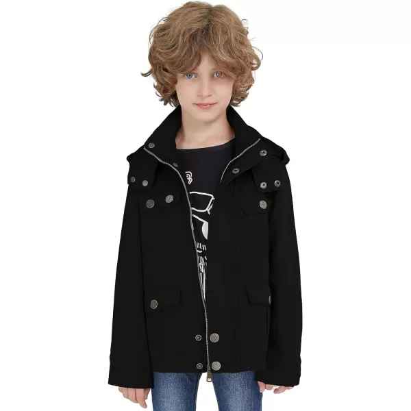 WenVen Boys Lightweight Casual Cotton Military Jacket Outerwear with HoodBlack