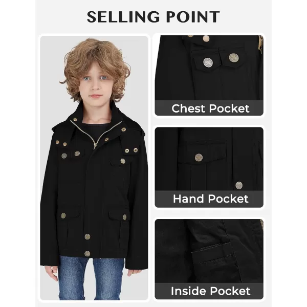WenVen Boys Lightweight Casual Cotton Military Jacket Outerwear with HoodBlack