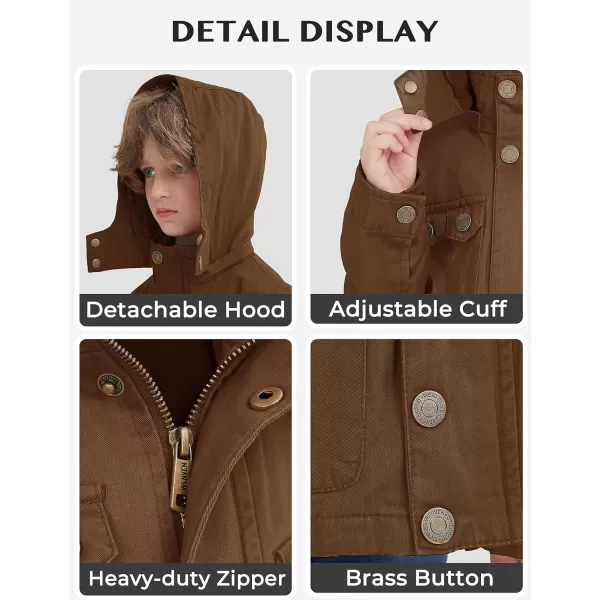 WenVen Boys Lightweight Casual Cotton Military Jacket Outerwear with HoodBrown