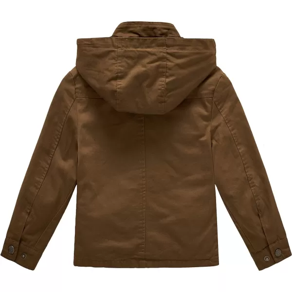 WenVen Boys Lightweight Casual Cotton Military Jacket Outerwear with HoodBrown