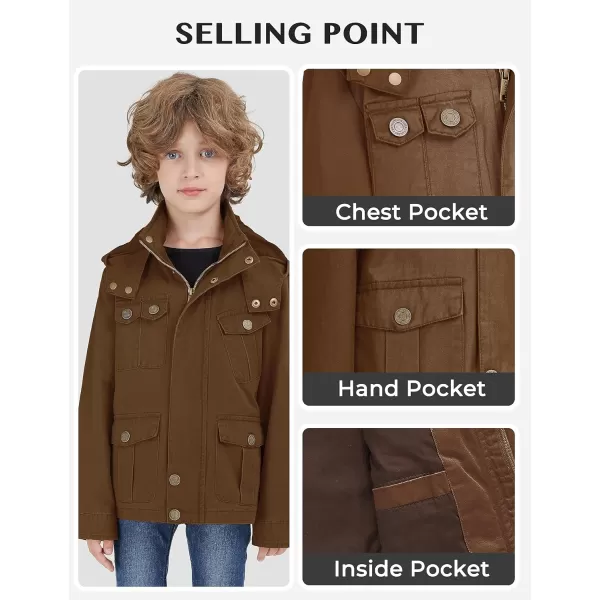 WenVen Boys Lightweight Casual Cotton Military Jacket Outerwear with HoodBrown