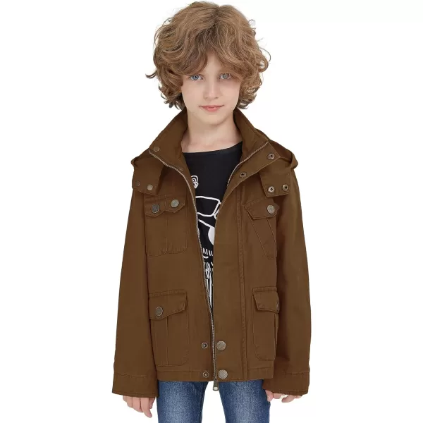 WenVen Boys Lightweight Casual Cotton Military Jacket Outerwear with HoodBrown