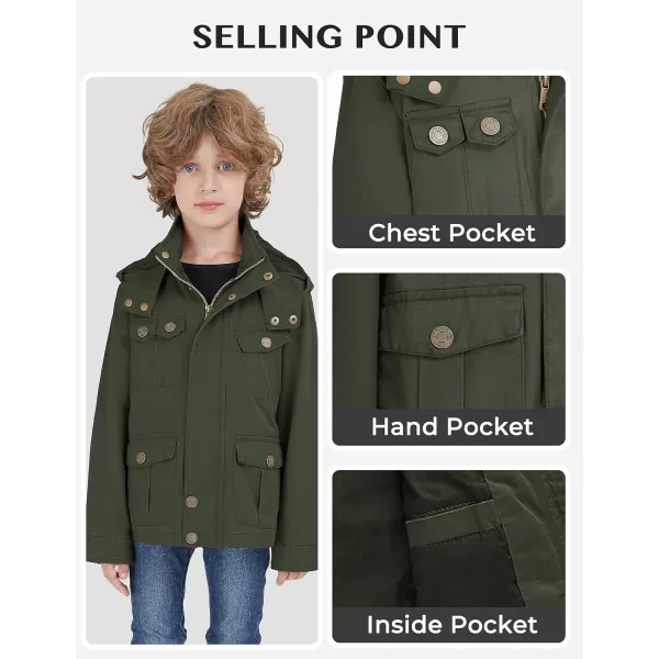 WenVen Boys Lightweight Casual Cotton Military Jacket Outerwear with HoodGreen